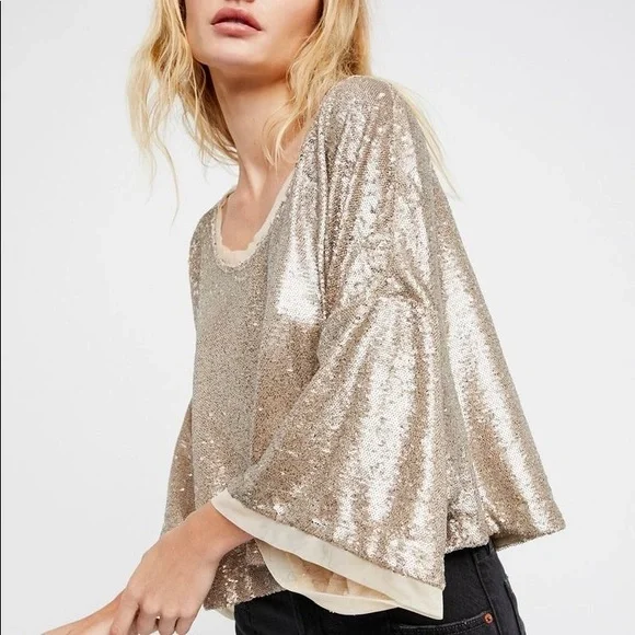 Free People Gold Sequin Crop Top - Picture 2 of 7